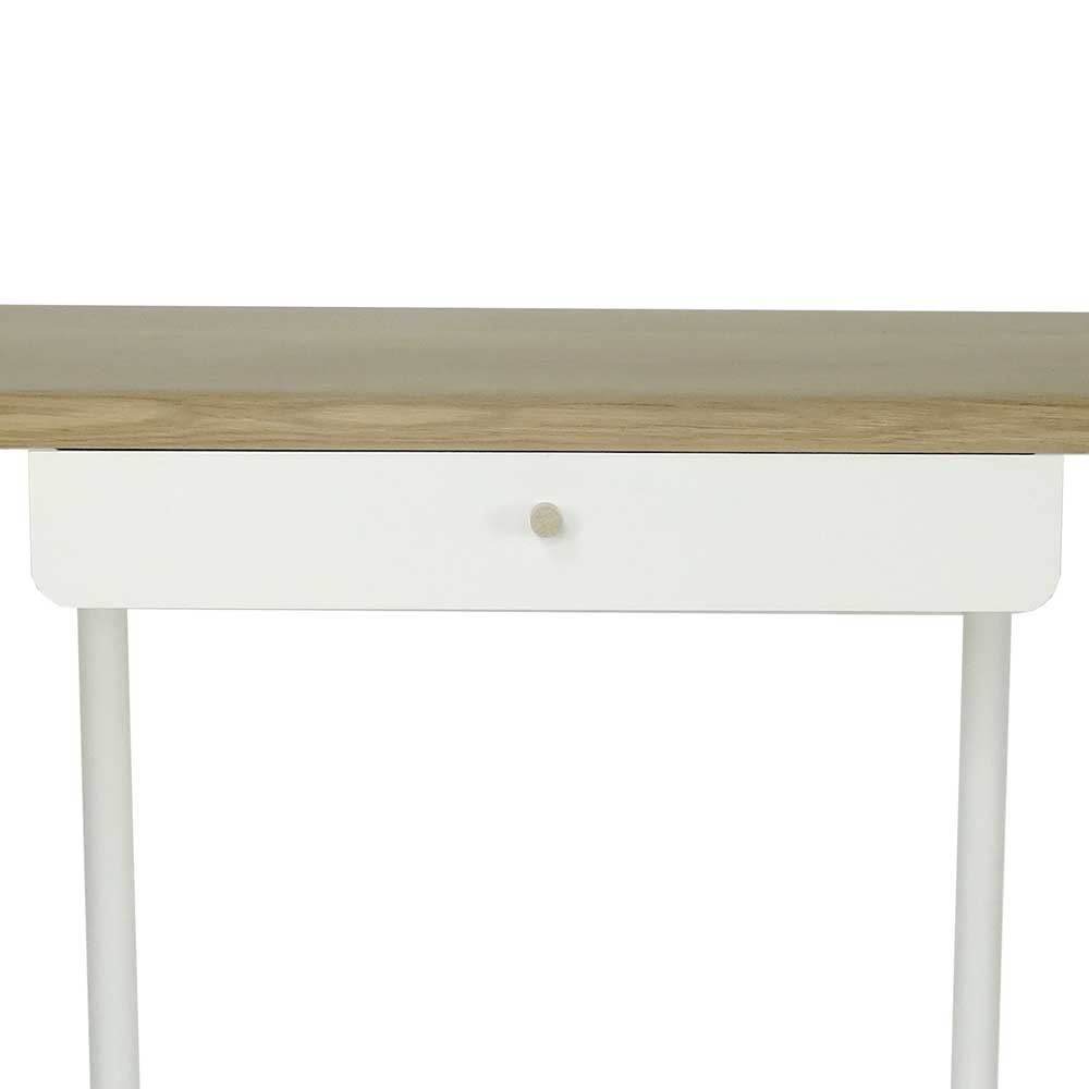 Design Schreibtisch Bodensee mit abgerundeter Platte aus Eiche und Metall in Weiß