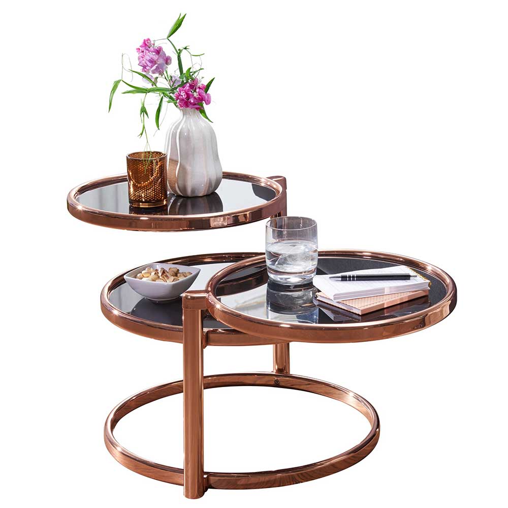 Retro Glastisch Domiano mit drei runden Platten in Schwarz und Kupferfarben