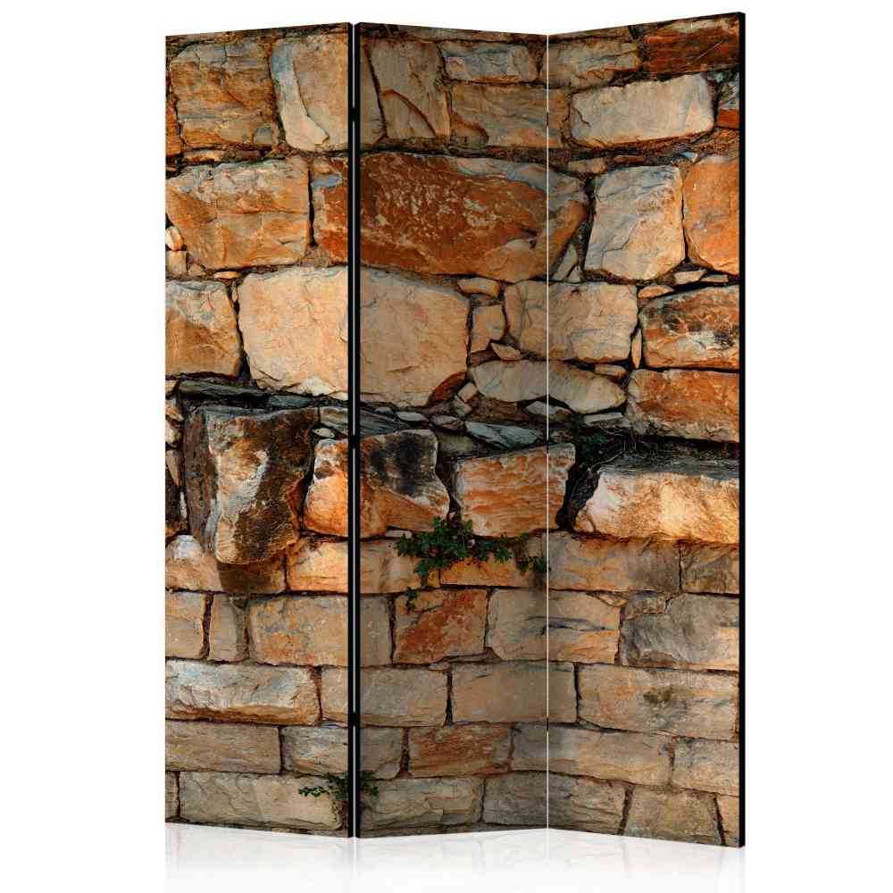 dreiteiliger Paravent Tina mit Natursteinmauer Motiv modern