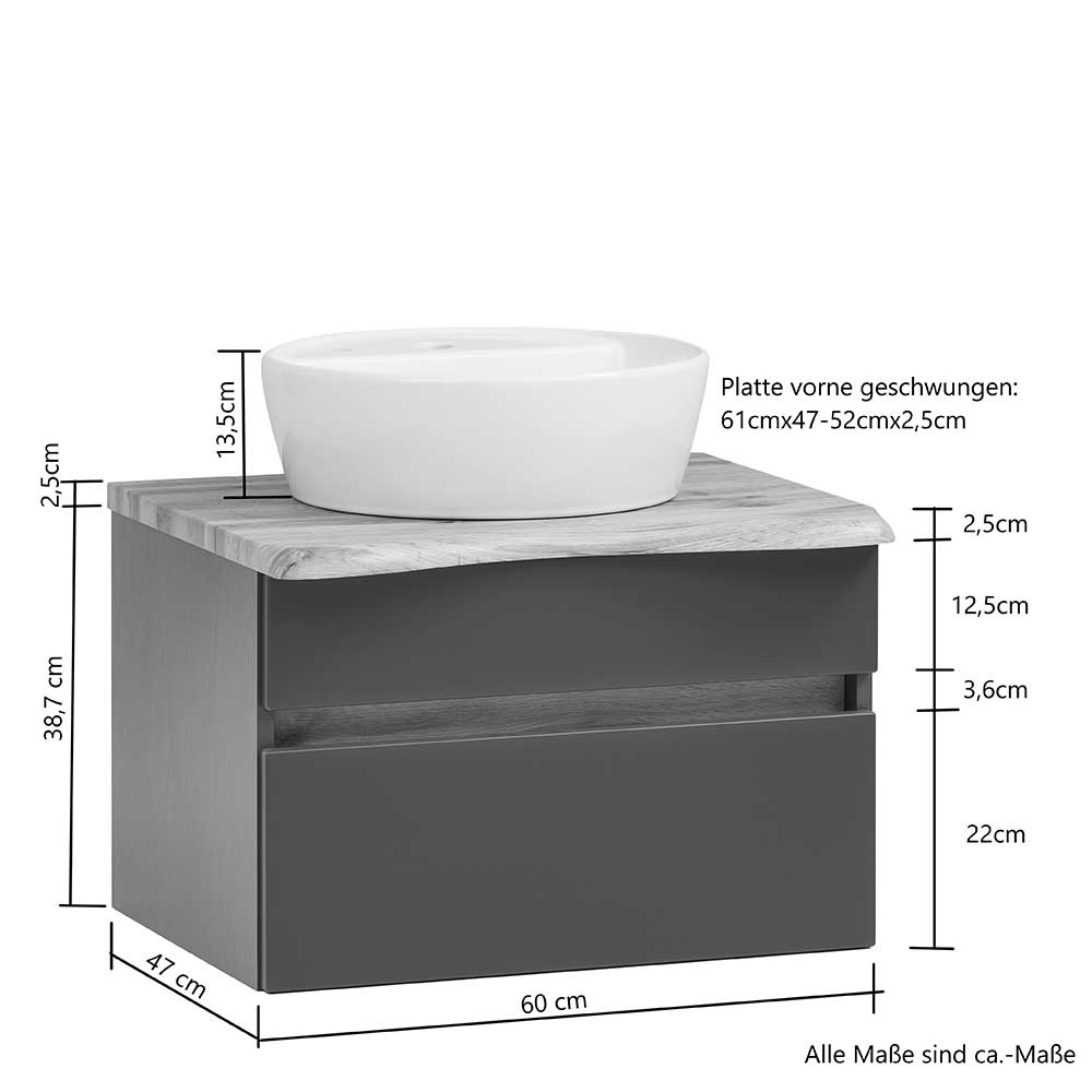Bad Unterschrank Kropenia mit Aufsatzwaschbecken Platte in Baumkanten Optik