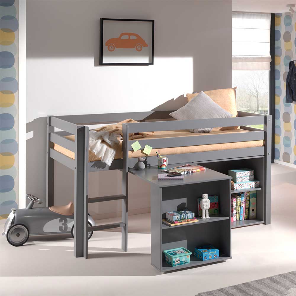 Kinderzimmer Bett Macy in Grau mit Schreibtisch und Regal