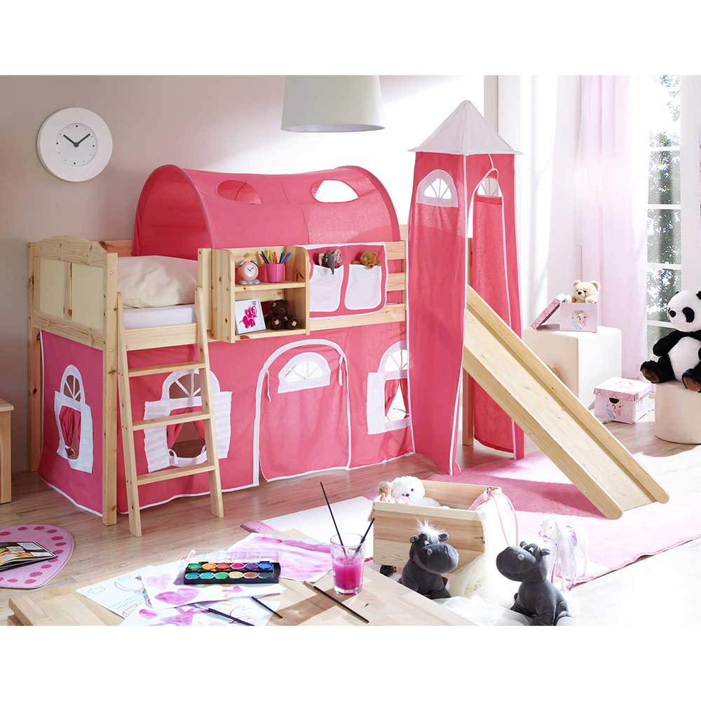 Kinderbett Vallee aus Massivholz und Webstoff in Kieferfarben und Pink