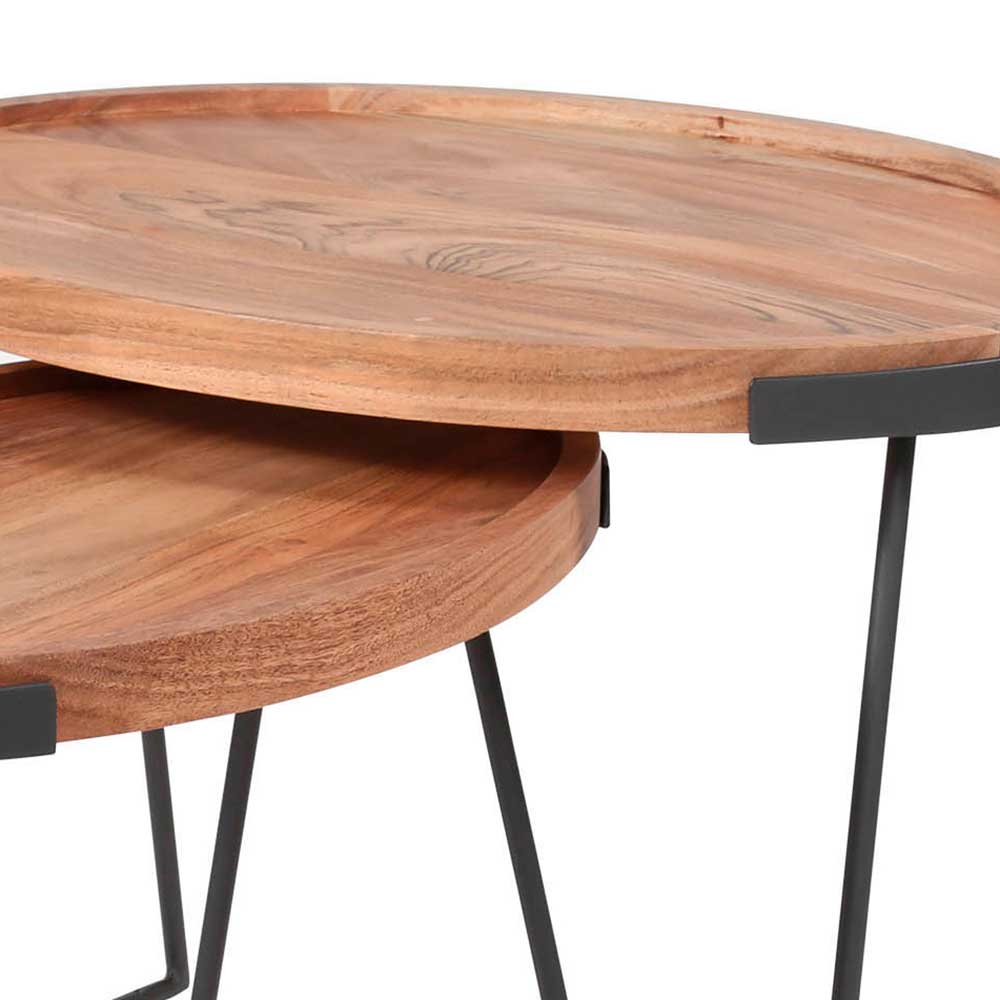 Sofa Tisch Set Oline aus Akazie Massivholz und Metall rund (zweiteilig)