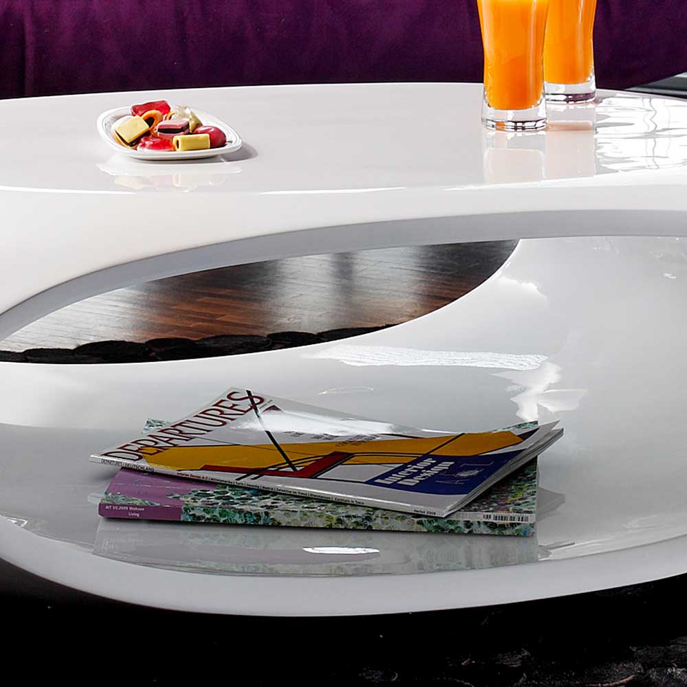 Ovaler Designercouchtisch Standos in Hochglanz Weiß 100 cm breit