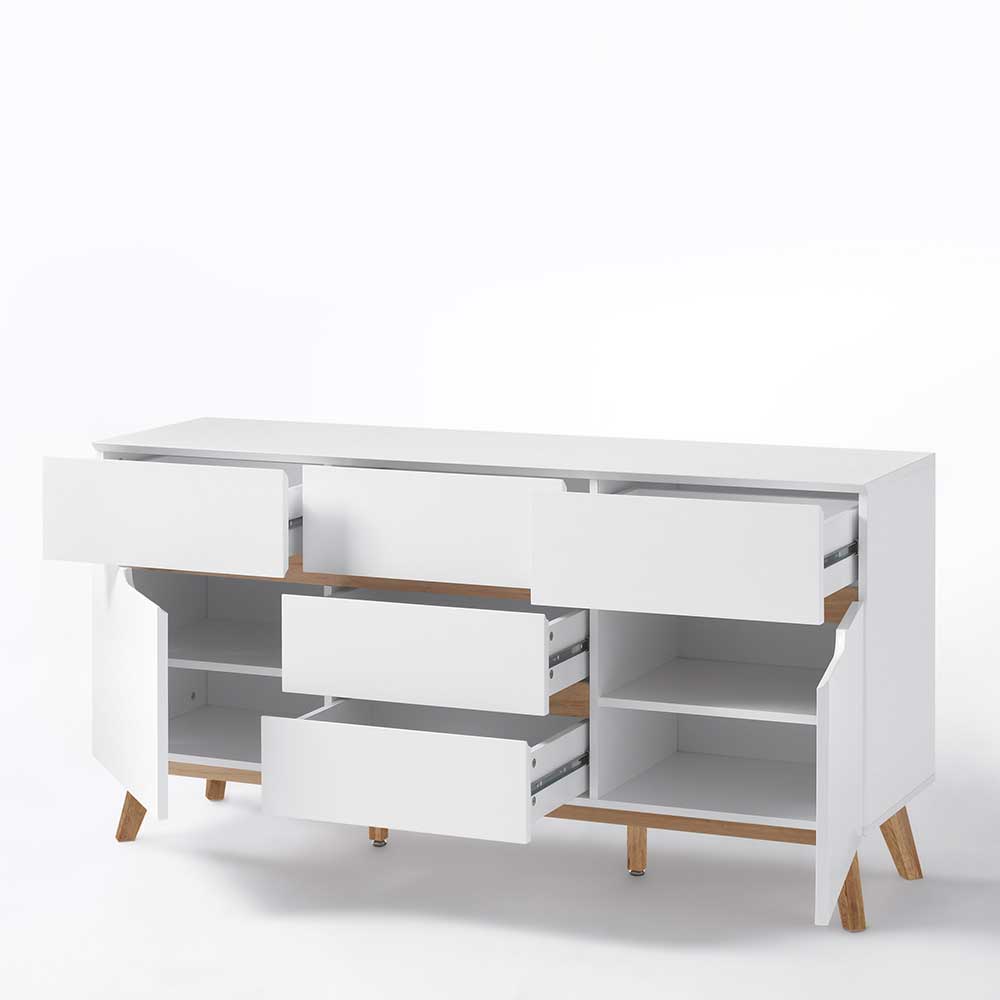 Design Sideboard Multiva in Weiß mit Asteiche Massivholz