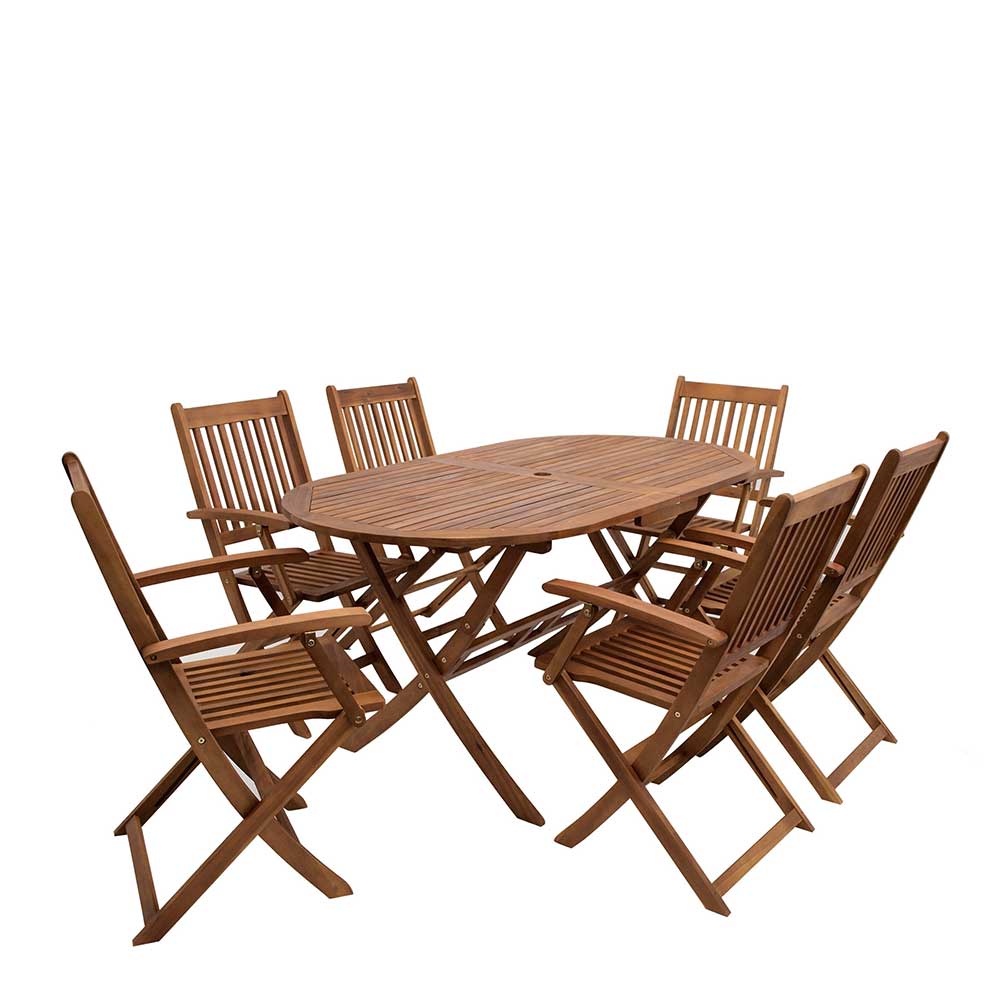Klappbare Terrassensitzgruppe Vaxon aus Akazie Massivholz mit ovalem Tisch (siebenteilig)