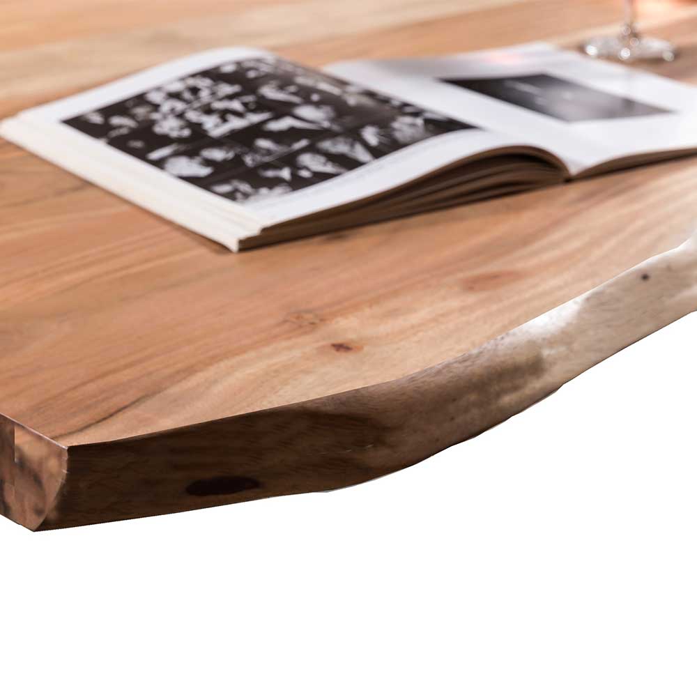 Baumkanten Esszimmertisch Matimil aus Akazie Massivholz und Stahl 160 cm breit