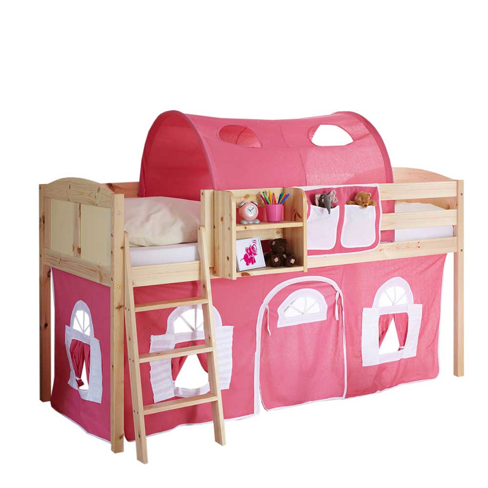 Halbhohes Kinderbett Yukon mit Tunnel und Vorhang in Pink