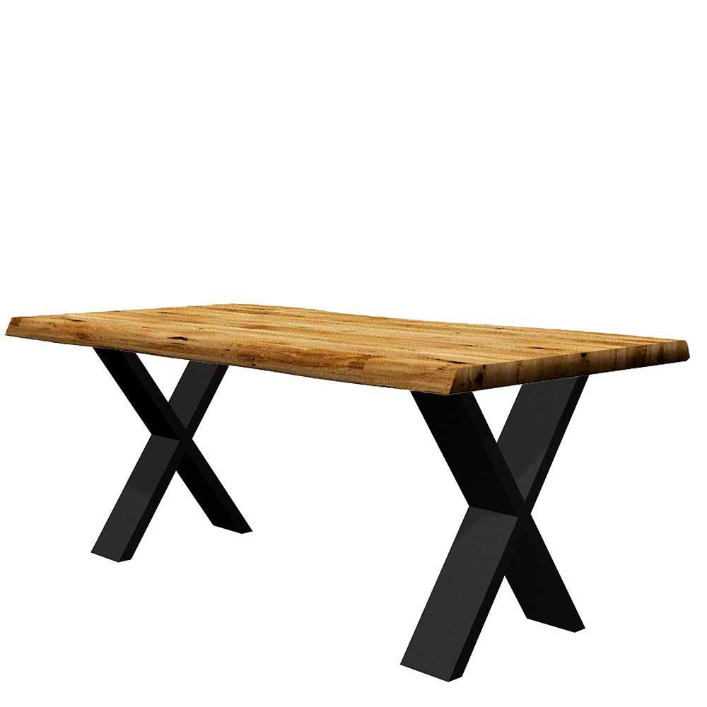 Eiche massiv Tisch Ruliandro mit natürlicher Baumkante und X Gestell