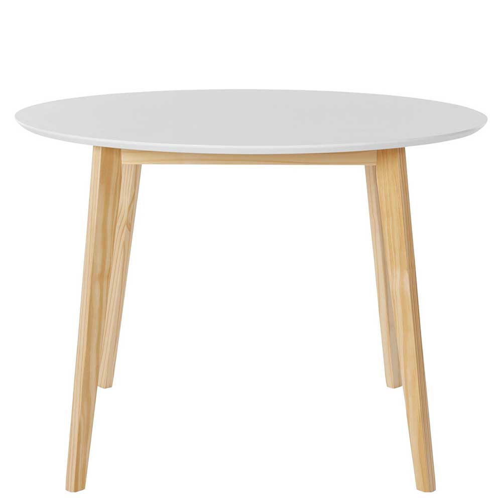 Skandi Tisch Esszimmer Musone in Weiß und Kieferfarben mit Vierfußgestell