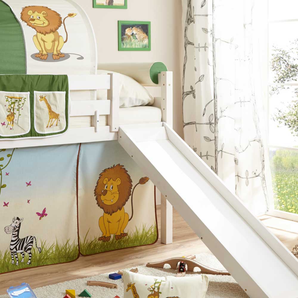 Kinderhochbett Trolion mit Rutsche und Vorhang im Safari Design
