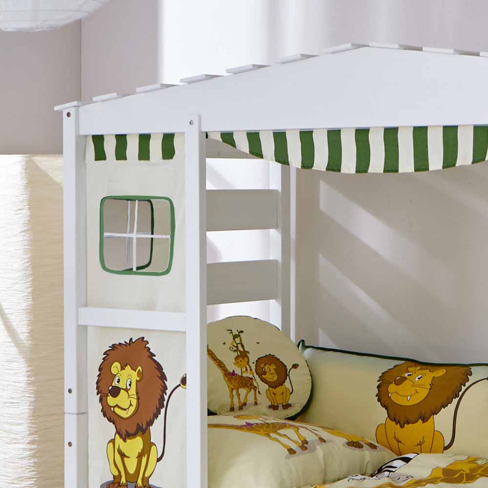Massivholz Kinderbett Lalays aus Kiefer Weiß mit Schubladen und Vorhang