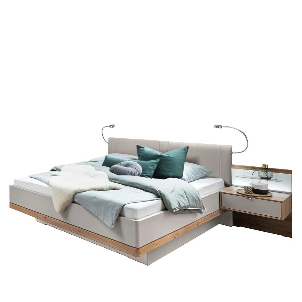 Design Doppelbett Privira in Eiche Bianco und Beige mit LED Beleuchtung (dreiteilig)