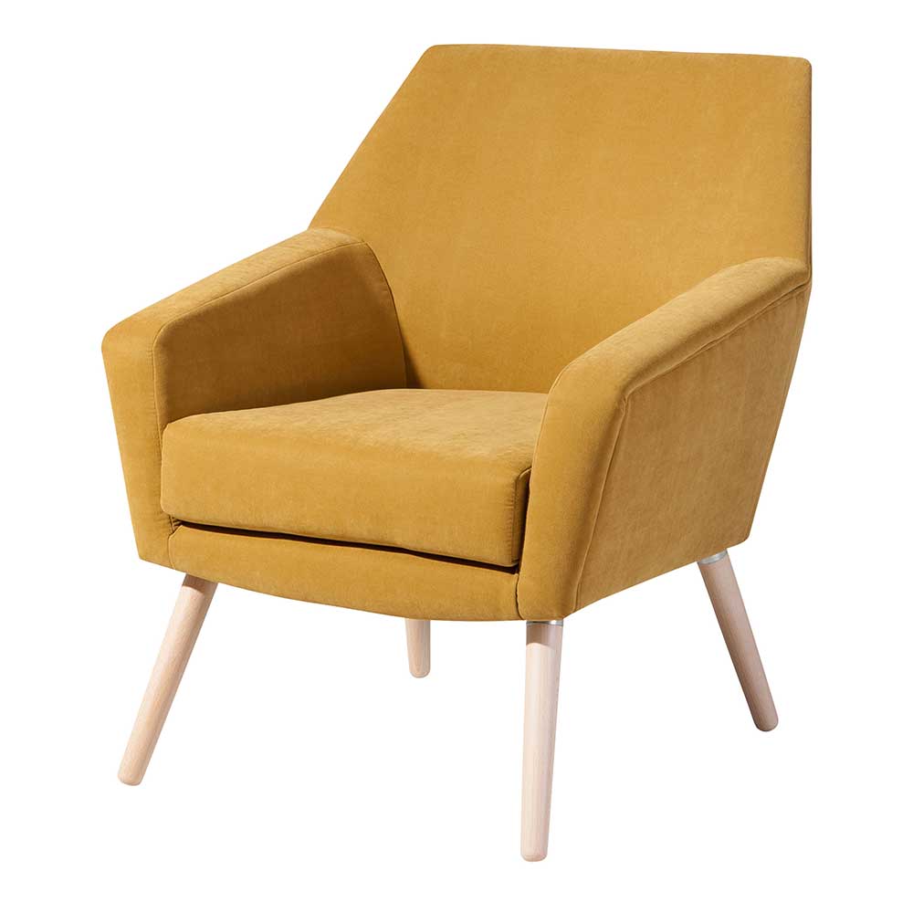 Wohnzimmer Sessel Vindo mit gelbem Velours Bezug und Vierfußgestell aus Holz