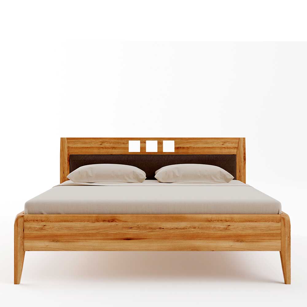 Kernbuche Massivholz Bett Parcelov mit gepolstertem Kopfteil 47 cm Einstiegshöhe