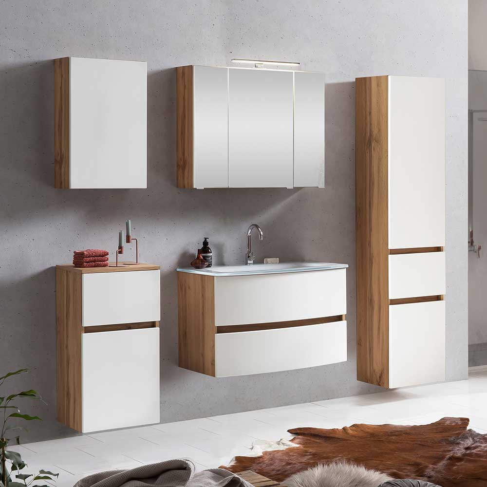 Badezimmermöbelset Zataico in Weiß und Wildeichefarben 160 cm breit (fünfteilig)