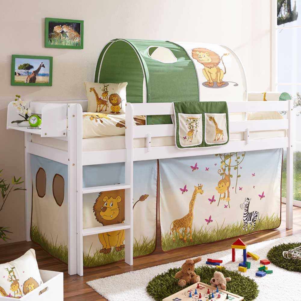 Halbhohes Kinderbett Zavatraos in Weiß mit Vorhang und Tunnel im Safari Design
