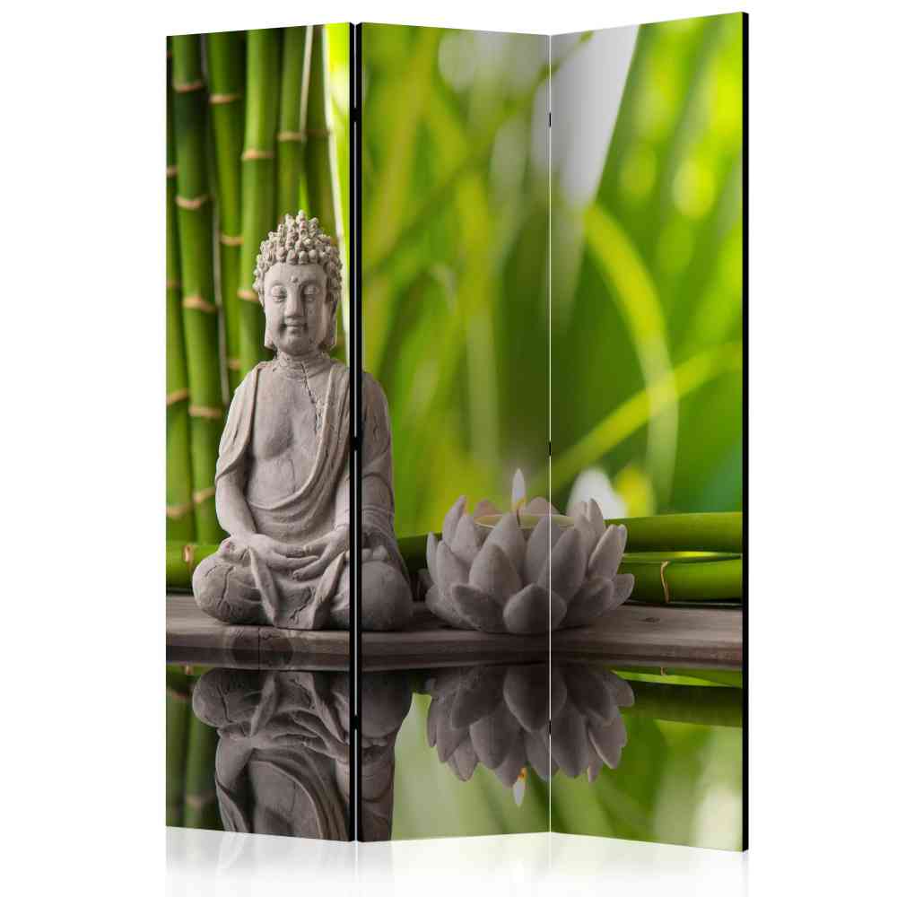 Paravent Hanoi mit Buddha und Kerze in Lotusblütenform in Grün und Grau