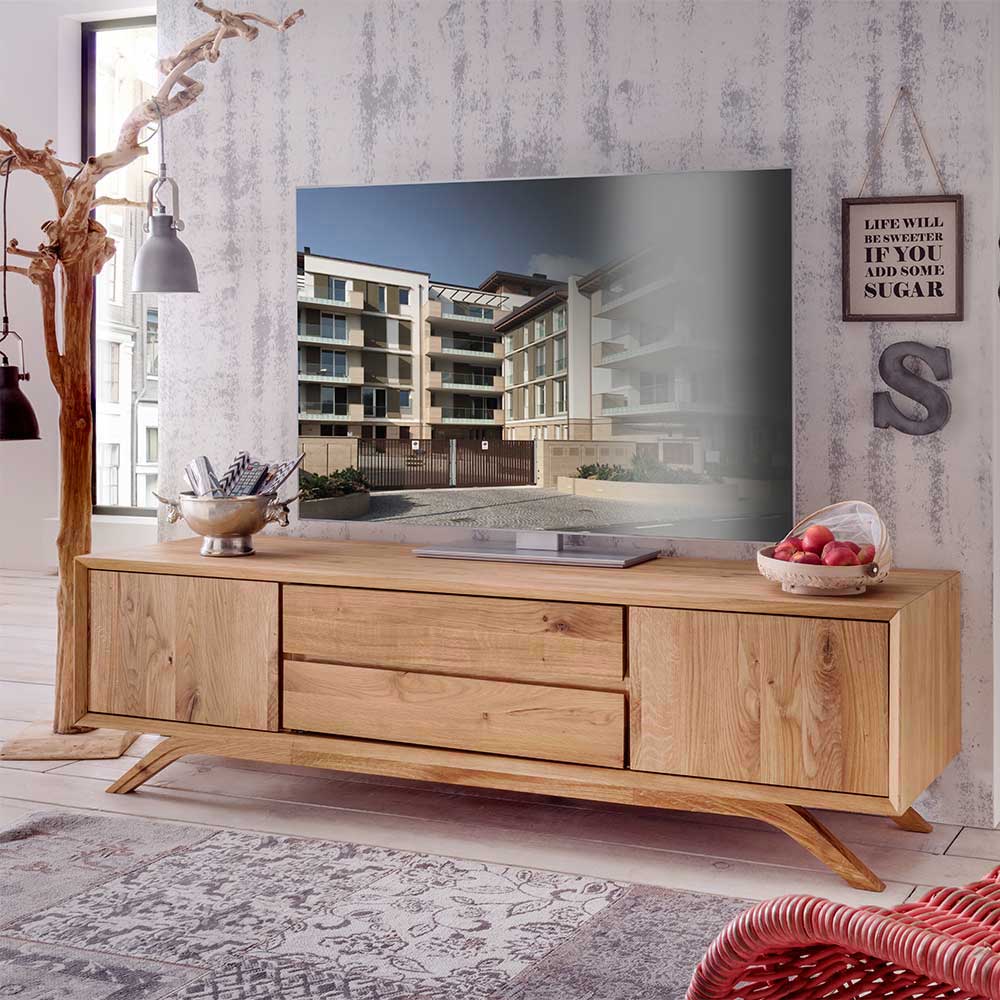 Wildeiche Massivholz TV Möbel Florentin 180 cm breit und 50 cm hoch