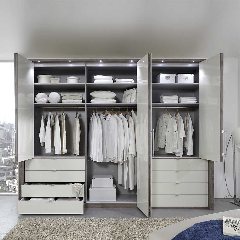 Kleiderschrank Anglesio in Creme mit Panorama Türen und Schubladen