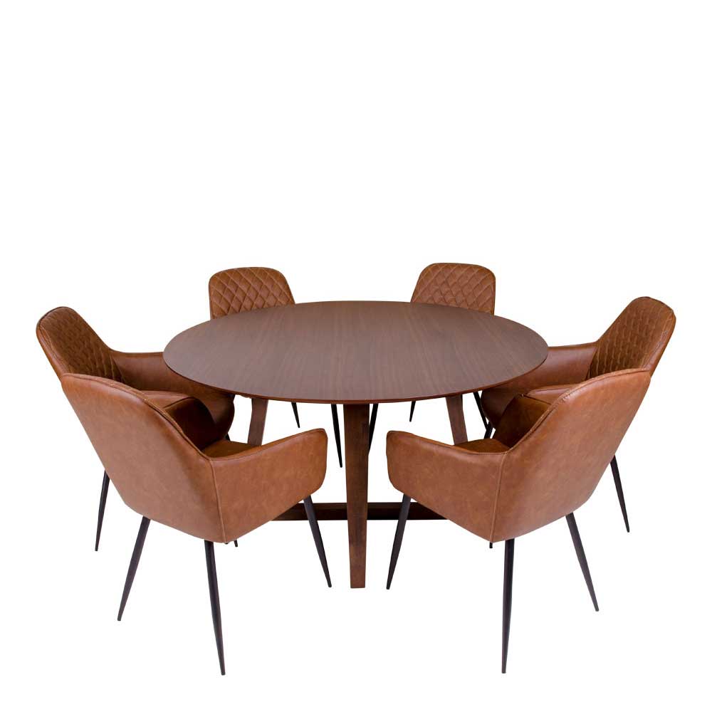 Sitzgruppe Sidaliva in Walnussfarben und Cognac Braun mit rundem Tisch (siebenteilig)