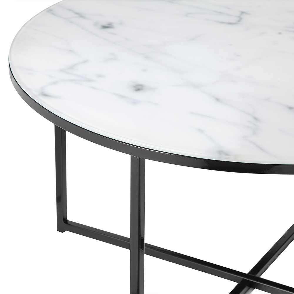 Runder Sofa Tisch Nexter in Weiß marmoriert und Schwarz mit Glasplatte