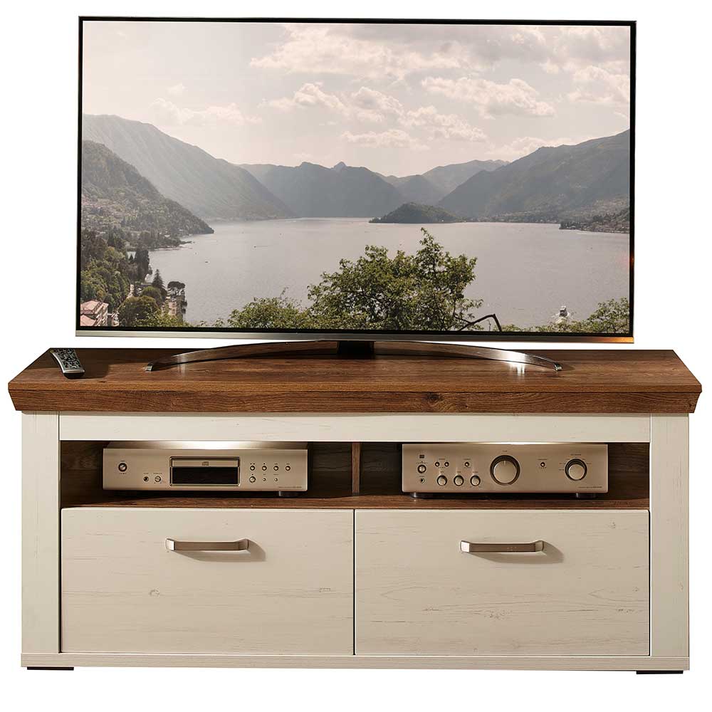 Landhaus TV Lowboard Piscinia in Weiß und Wildeiche dunkel mit zwei Schubladen