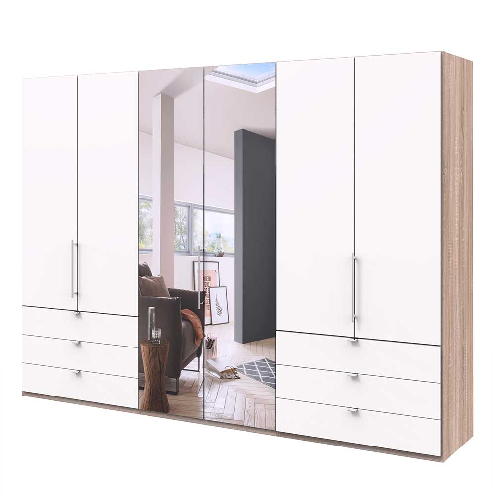 Großer Schlafzimmerkleiderschrank Lolyana mit Spiegel Schubladen und Falttüren