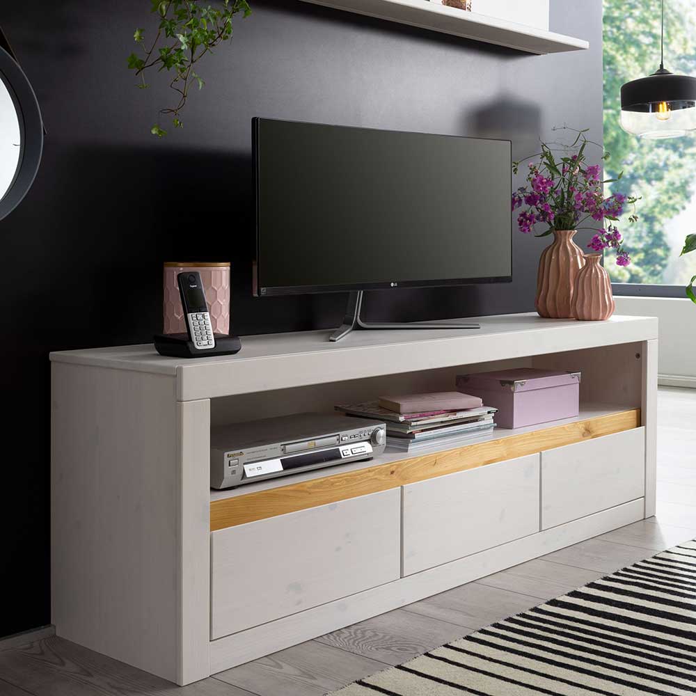 TV Board Caseloda in Weiß und Eichefarben aus Kiefer Massivholz