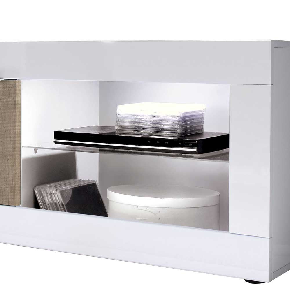 Modernes TV Lowboard Yuelva in Weiß und verwitterter Holz Optik 140 cm breit