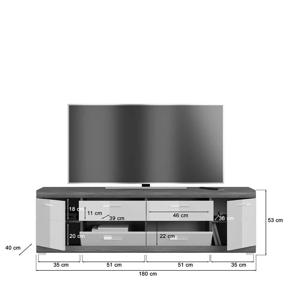 Fernseh Unterschrank Hayoran in Weiß und Grau 180 cm breit
