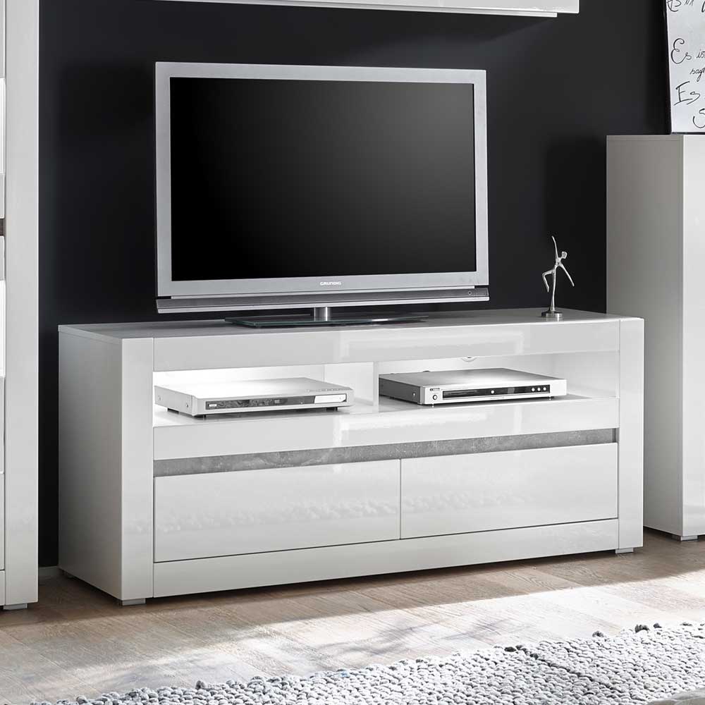 TV Tisch Novinza in Weiß Hochglanz und Beton Grau 150 cm