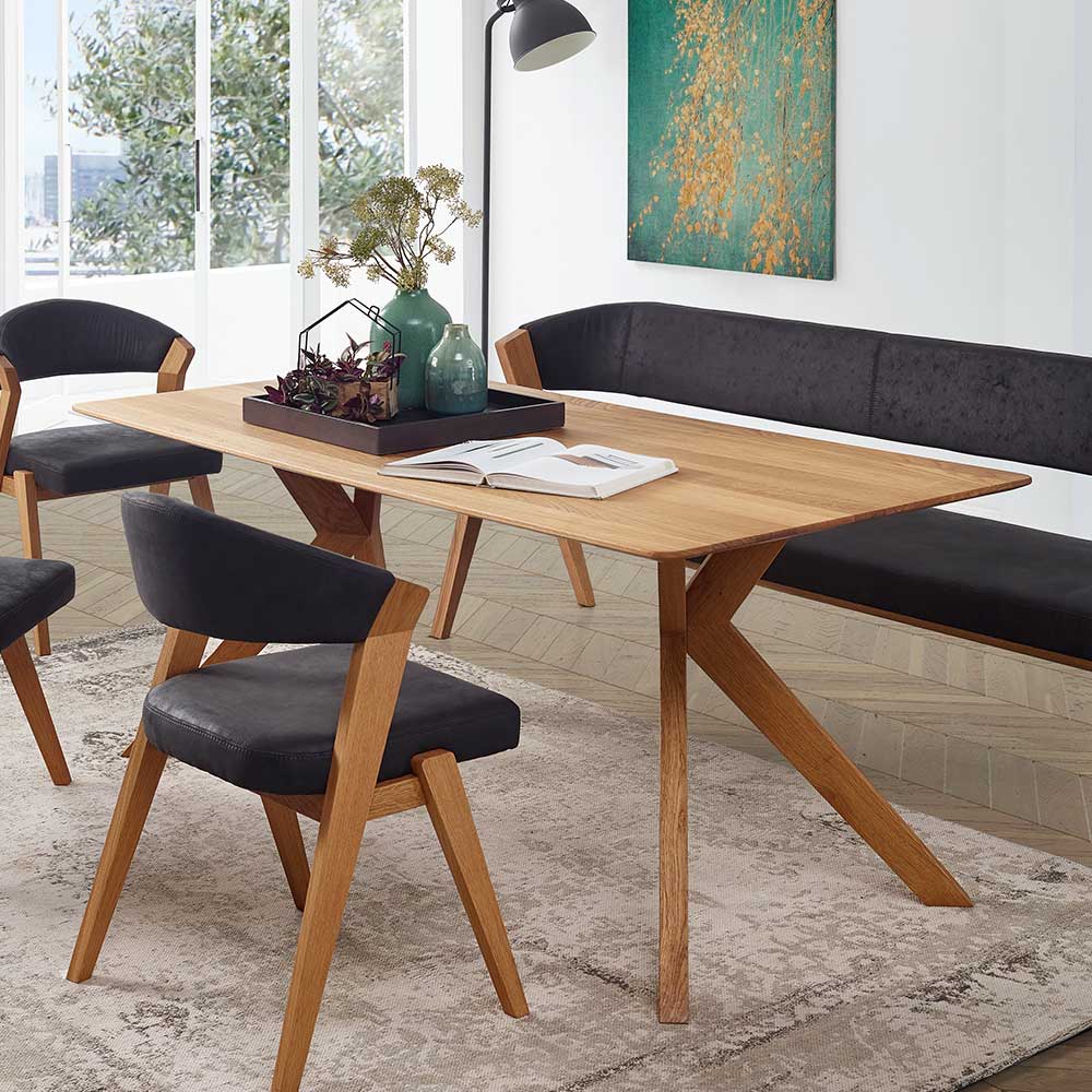 Holztisch Massiv Valsun in Wildeichefarben mit Design Vierfußgestell