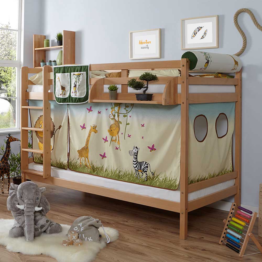 Kinderetagenbett Jandrus aus Buche Massivholz und Webstoff