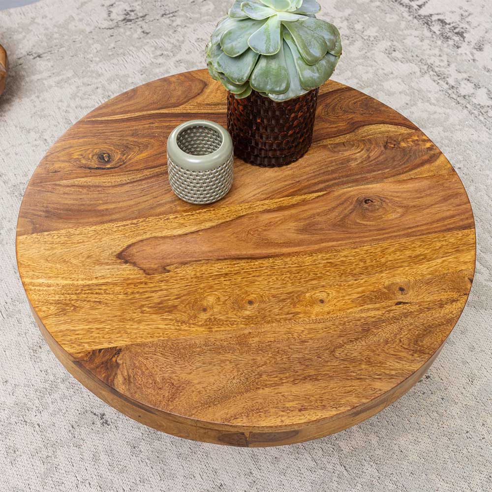 Runder Sofa Tisch Malin aus Sheesham Massivholz im rustikalen Landhausstil