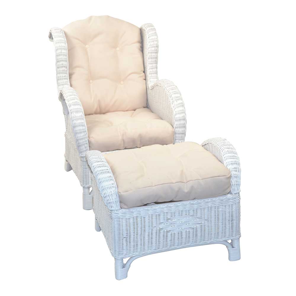 Wintergarten Sessel mit Hocker Lively in Weiß & Creme aus Rattan (zweiteilig)
