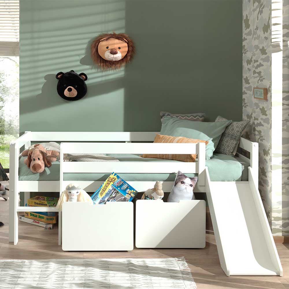 Weißes Kinderbett Anziano mit Rutsche Liegefläche 90x200 cm
