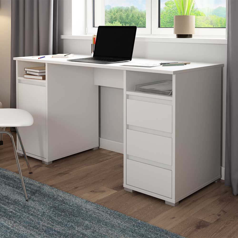 Weißer Schreibtisch Nagati mit drei Schubladen und Tür 138 cm breit
