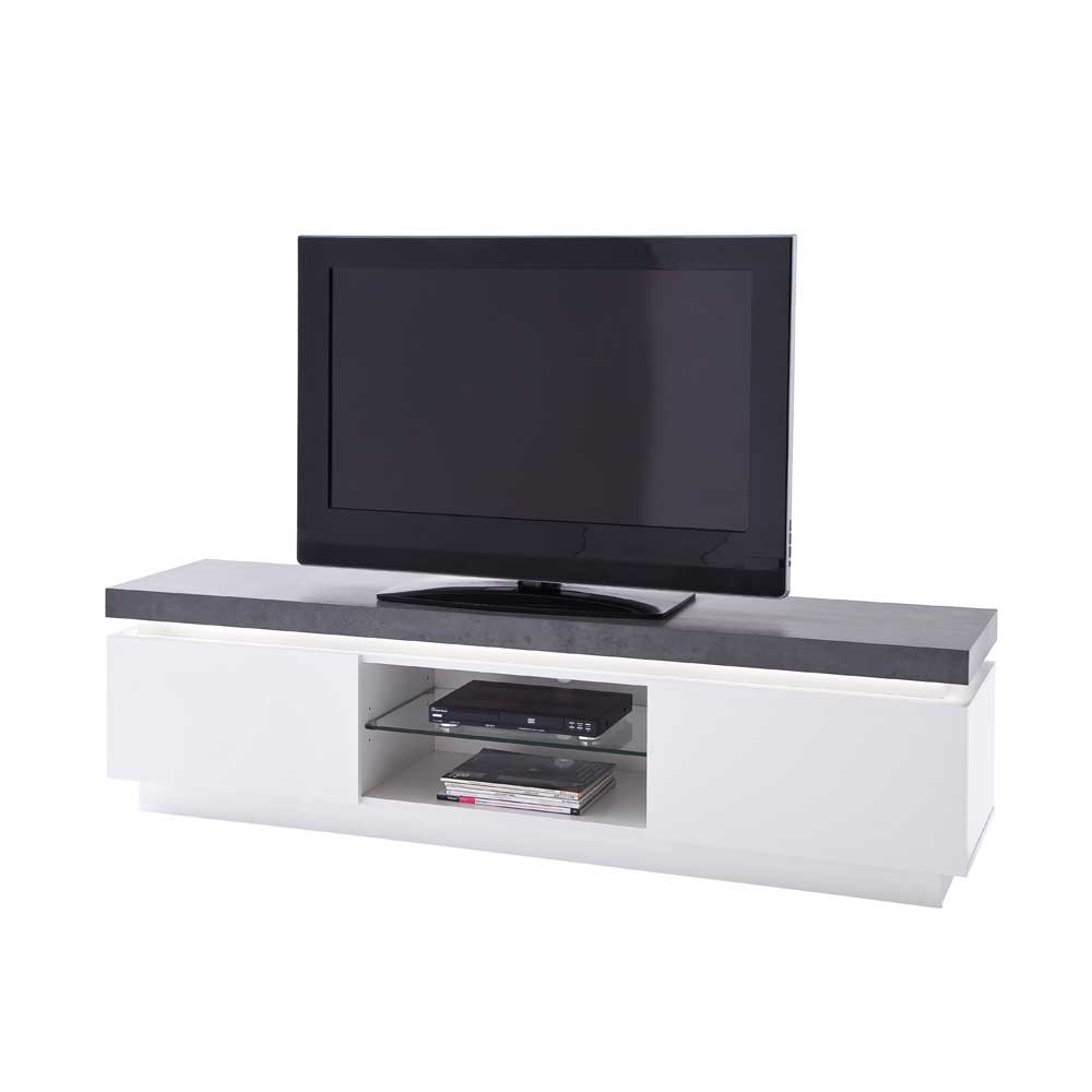 TV Lowboard Croscon in Weiß Grau Beton Optik mit LED Beleuchtung