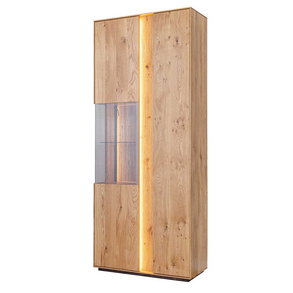 Wohnzimmer Vitrine Rusaly aus Wildeiche Massivholz mit LED Beleuchtung