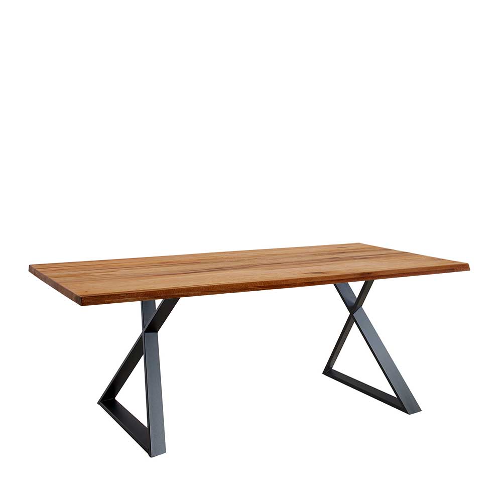 Tisch Holzplatte Vibaltos aus Zerreiche & Metall mit natürlicher Baumkante