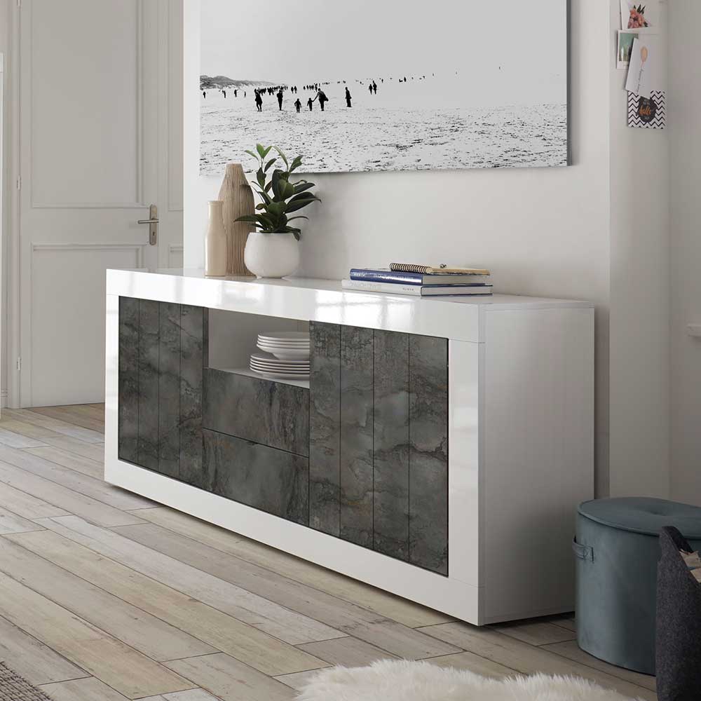 Esszimmer Sideboard Crasivo in Weiß Hochglanz und Dunkelgrau modern