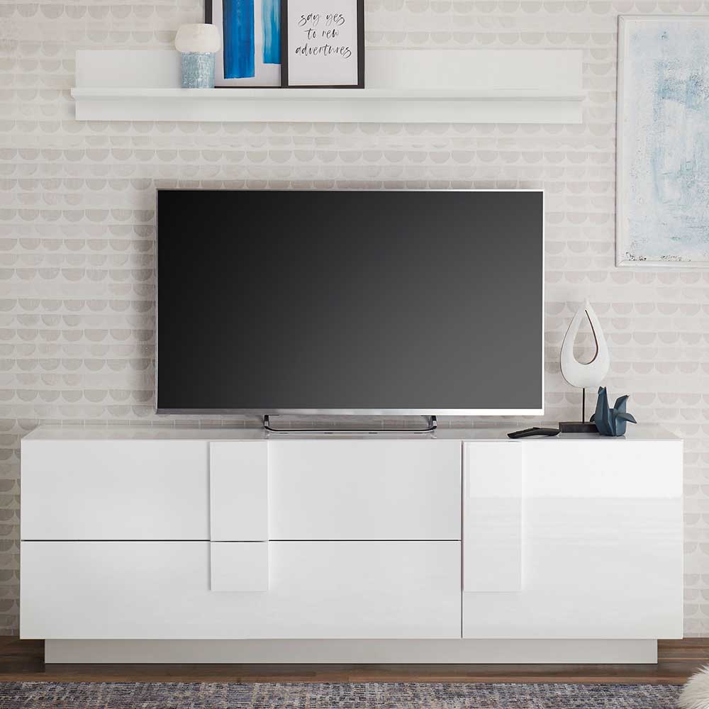 Weiß Hochglanz TV Lowboard Zeilo mit zwei Schubladen 63 cm hoch