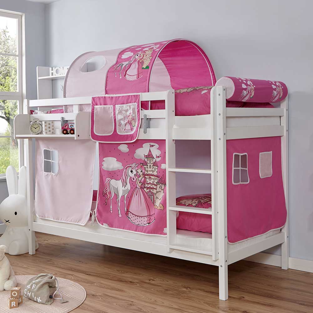 Prinzessinnen Spielbett Abellsa in Weiß Rosa und Pink aus Massivholz und Webstoff
