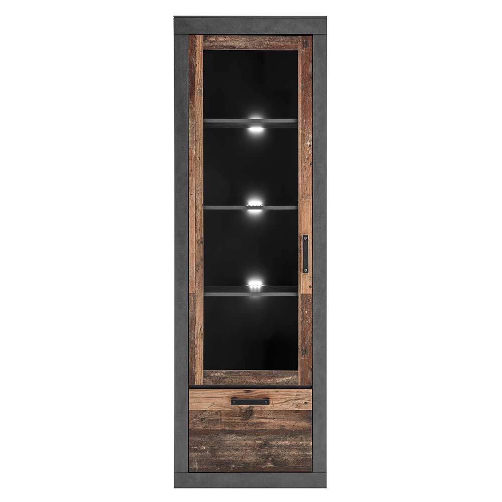 Wohnzimmervitrine Frondito in Altholz Optik und Dunkelgrau 65 cm breit