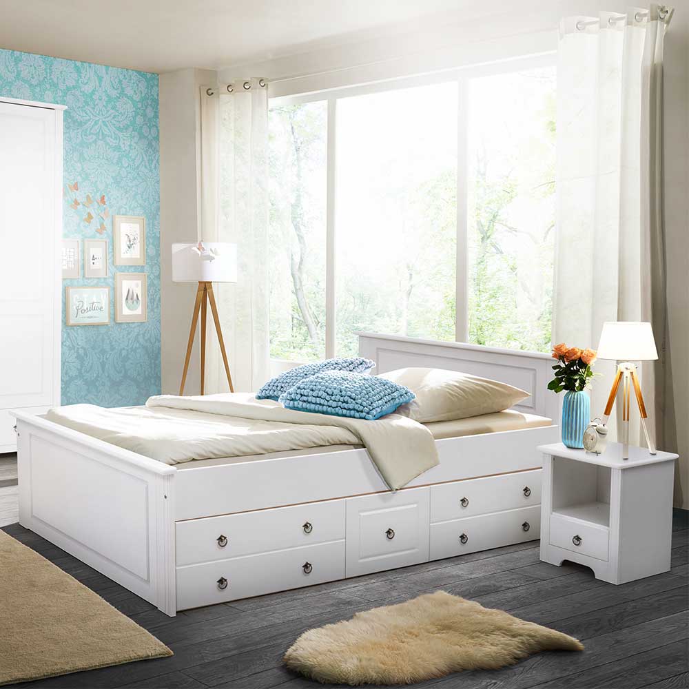 Weißes Schlafzimmer Set Sadanos im Landhausstil mit Schubladenbett (vierteilig)