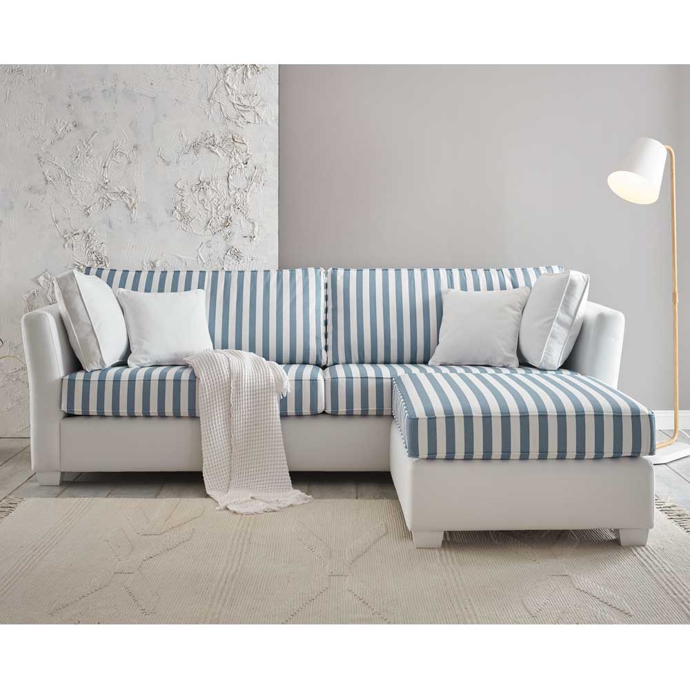 Sofa mit Hocker Nalyva in Blau und Cremeweiß mit Streifenmuster (zweiteilig)