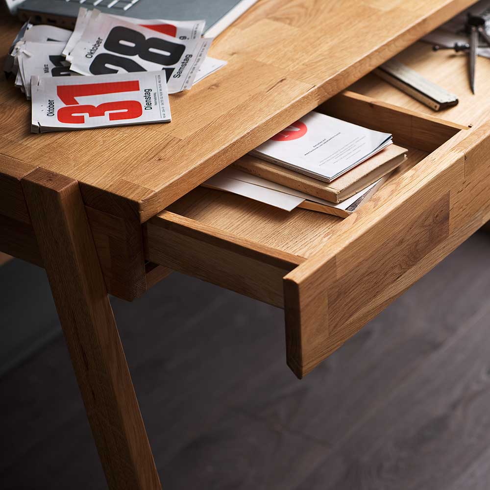 Echtholz Schreibtisch Mediteranos aus Wildeiche Massivholz mit Bügel-Fuß