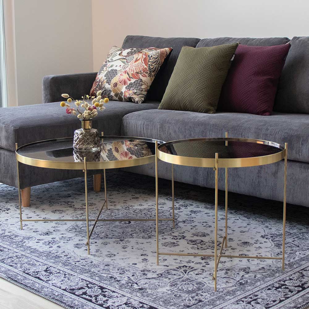 Runder Sofa Beistelltisch Varadero in Messingfarben mit Glasplatte