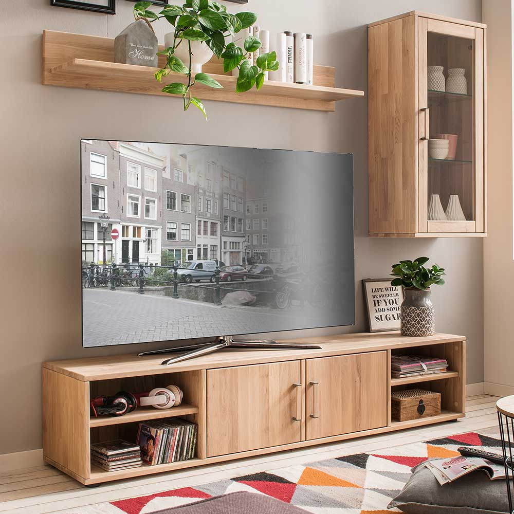 Massivholz TV Lowboard Teanos aus Eiche Bianco geölt mit zwei Türen